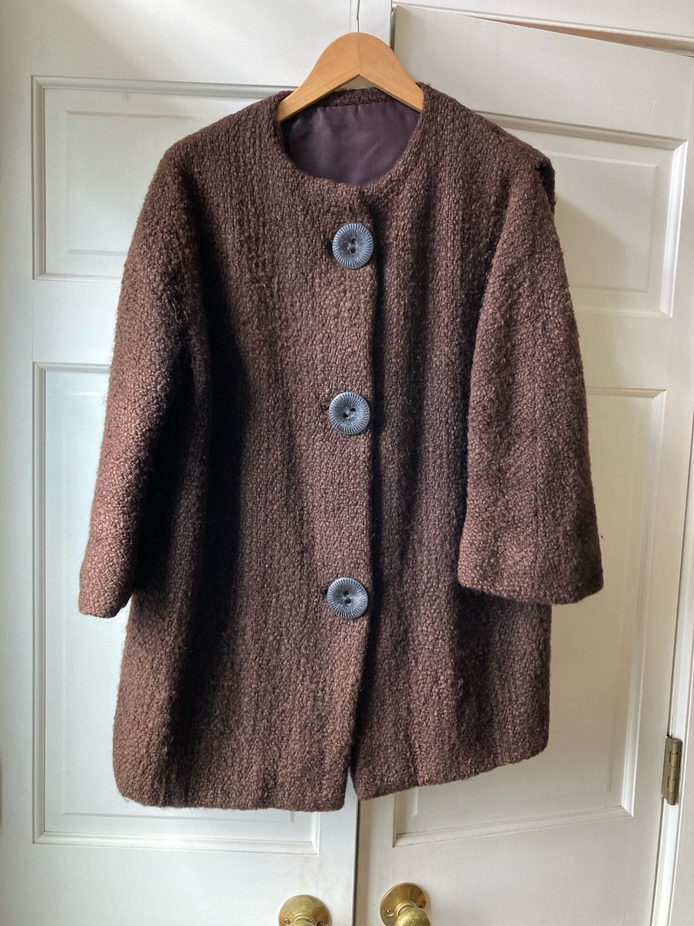 Women's Vintage Brown Bouclé Coat with Statement Buttons